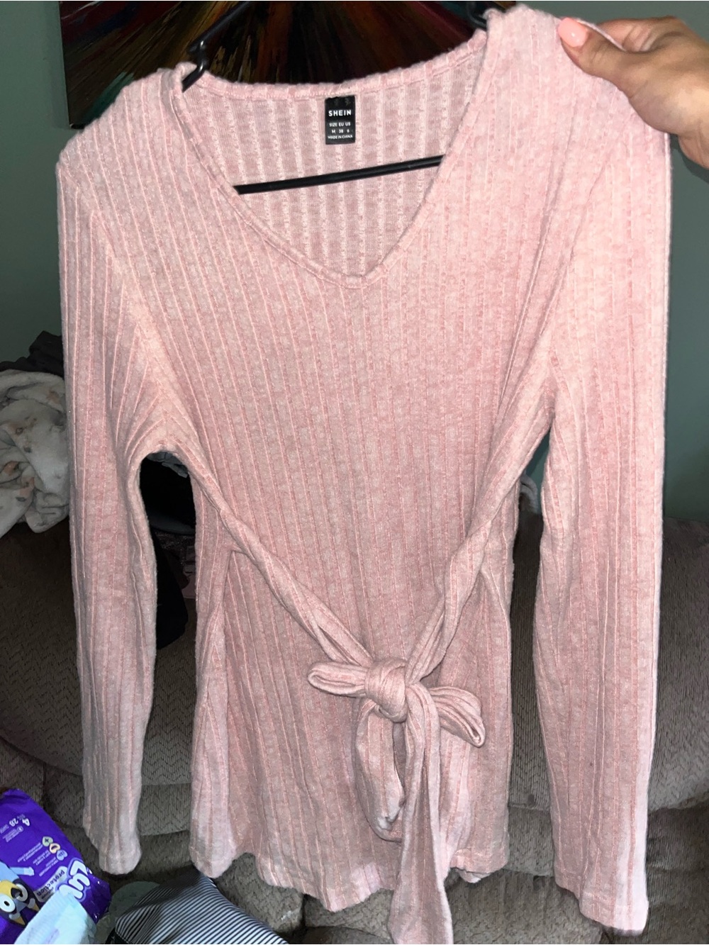 SHEIN Blush Pink Women’s Maternity Ribbed V-Neck Tie-Waist Long Sleeve Top
